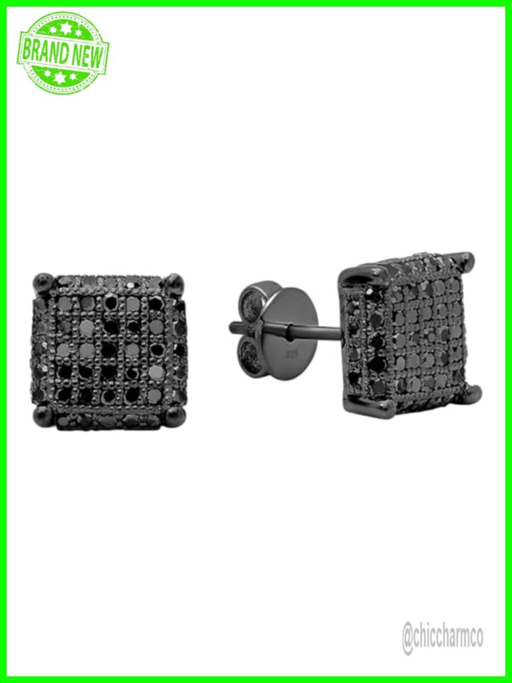 Real Diamond Stud Earrings Black Plated 925 Sterling Silver Unisex